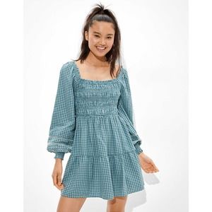 American Eagle Womens Mini Dress XL Plaid Long Sleeve Smocked Puff Sleeve Blue